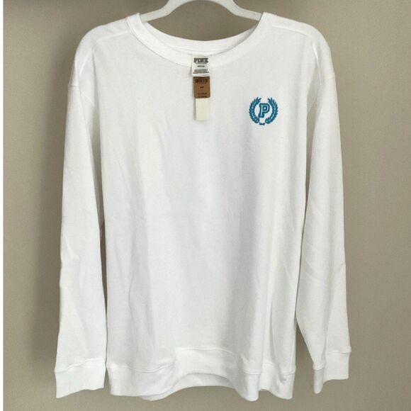 VS Pink - SIZE M - White Campus Sweatshirt with Blue Logo On Chest - Brand New! - Picture 1 of 3